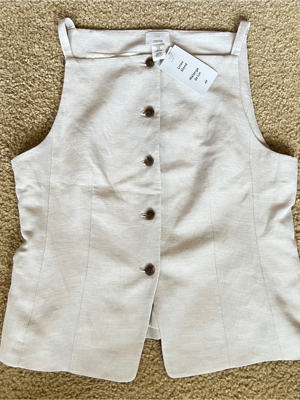 H&M Linen-Blend Tailored Waistcoat Vest – Light Beige – Size Medium